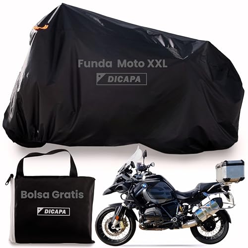 DICAPA Funda Moto Impermeable 245x105x125cm (XXL) Resistente al Agua, Viento, Nieve y Rayos UV. Funda para Moto con Sistema Antirrobo y Cierre Elástico