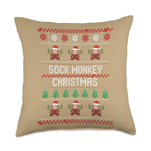 Sock Monkey Christmas Kids Holiday Monkey Snowflake Tree Throw Pillow