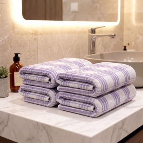 Image of Athom Living Premium Hand Towels- Cotton, 400 GSM, Ultra Soft, Quick Dry, Highly Absorbent | for Hand, Kitchen and Gym | 60 * 40 cm, Pack of 4 (Lavender Strips)