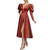 Lowime Long Sleeve Satin Cocktail Dress V Neck Midi Prom Dress for Women Tea Length A Line Flowy Dresses with Slit 18W Rust