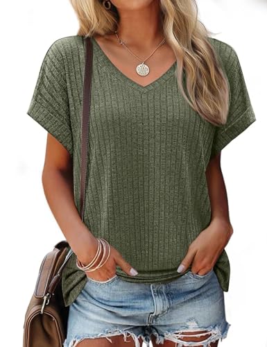 JUSTFASHIONNOW V Neck T Shirts for Women Cute Summer Dolman Sleeve Tops Dressy Casual Side Split Oversized Tops Loose Fit Clothes Green 2XL