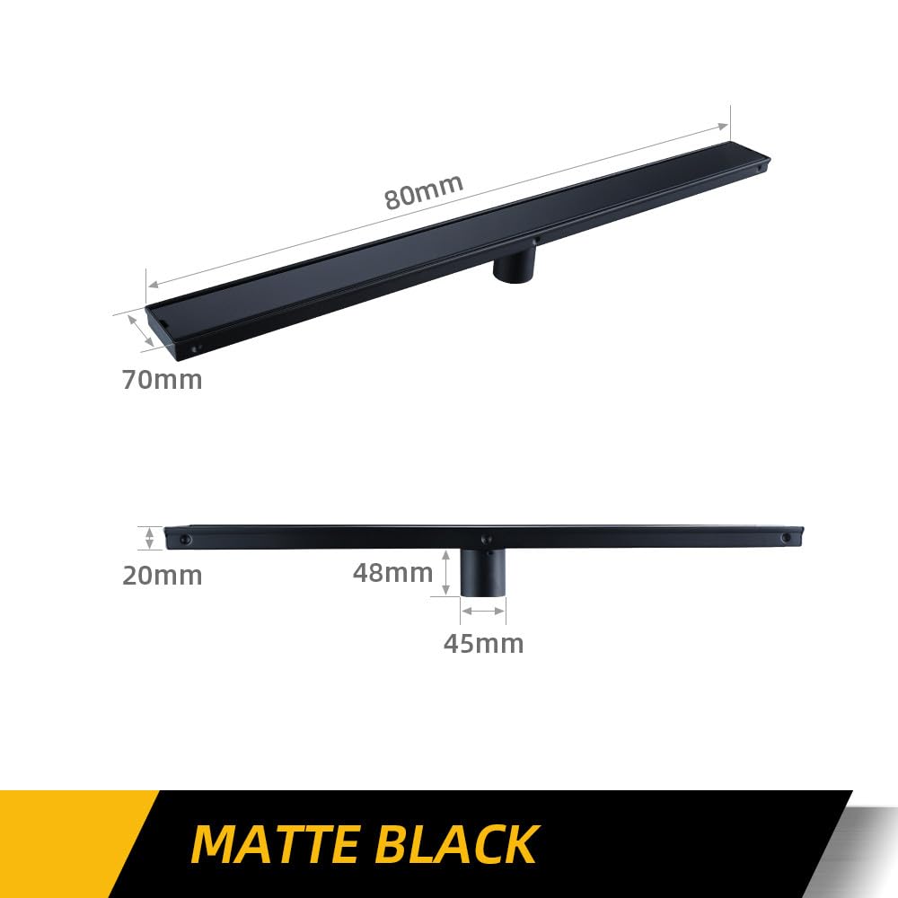 Desagüe de Suelo para baño, Color Negro, con Inserto de Acero Inoxidable 304, para Ducha Lineal, 60/80/90/100 cm, Accesorios desodorizantes Opcionales, desagüe BG, 80 (Drain-mb-80-A)