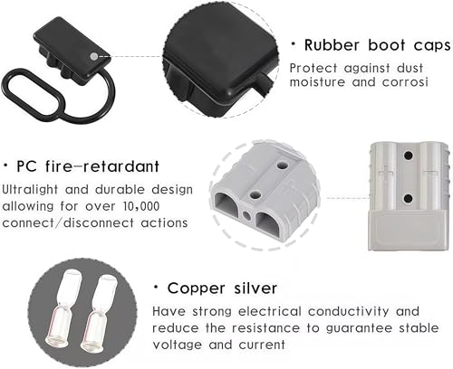 10 Stück Batterieanschluss für Anderson stecker 50a, 600V 50Amp Batterie Schnellanschluss Stecker mit 4 Stück Staubschutzkappen für Gabelstapler, Wohnwagen, Autos, Boote, Solaranlagen