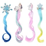 4 Stück Haarverlängerung Clips, Haarspangen Mädchen, Einhorn Bogen Prinzessin Haarspangen, Haarsträhnen zum Einklipsen, Bunte Haarteile für Party Deko Geschenke