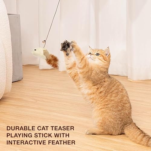Image of Cat and Dog Playing Stick |Durable Dog and cat Teaser Playing Stick with Interactive Feather| Non- Slip and Non Toxic Durable Teasing Wand Toy with Rope (Multi)