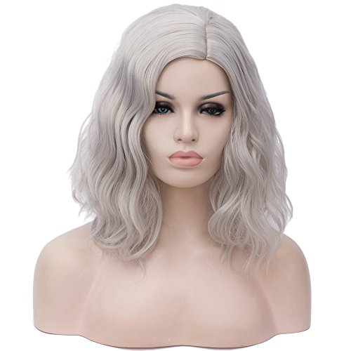 Cying Lin Short Bob Wavy Curly Wig Silver Wig For Women Cosplay Halloween Wigs Heat Resistant Bob Party Wig Include Wig Cap (Silver)