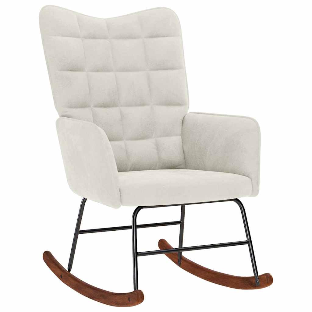 Fauteuil à bascule en velours crème haut de gamme avec dossier capitonné et structure en bois