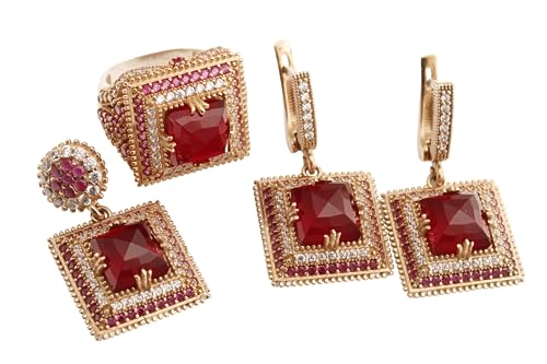 Turkish Handmade Jewelry Hurrem Square Shape Red Ruby and Round Cut Topaz 925 Sterling Silver Jewelry Set Earrings,Pendant and Ring Size Option