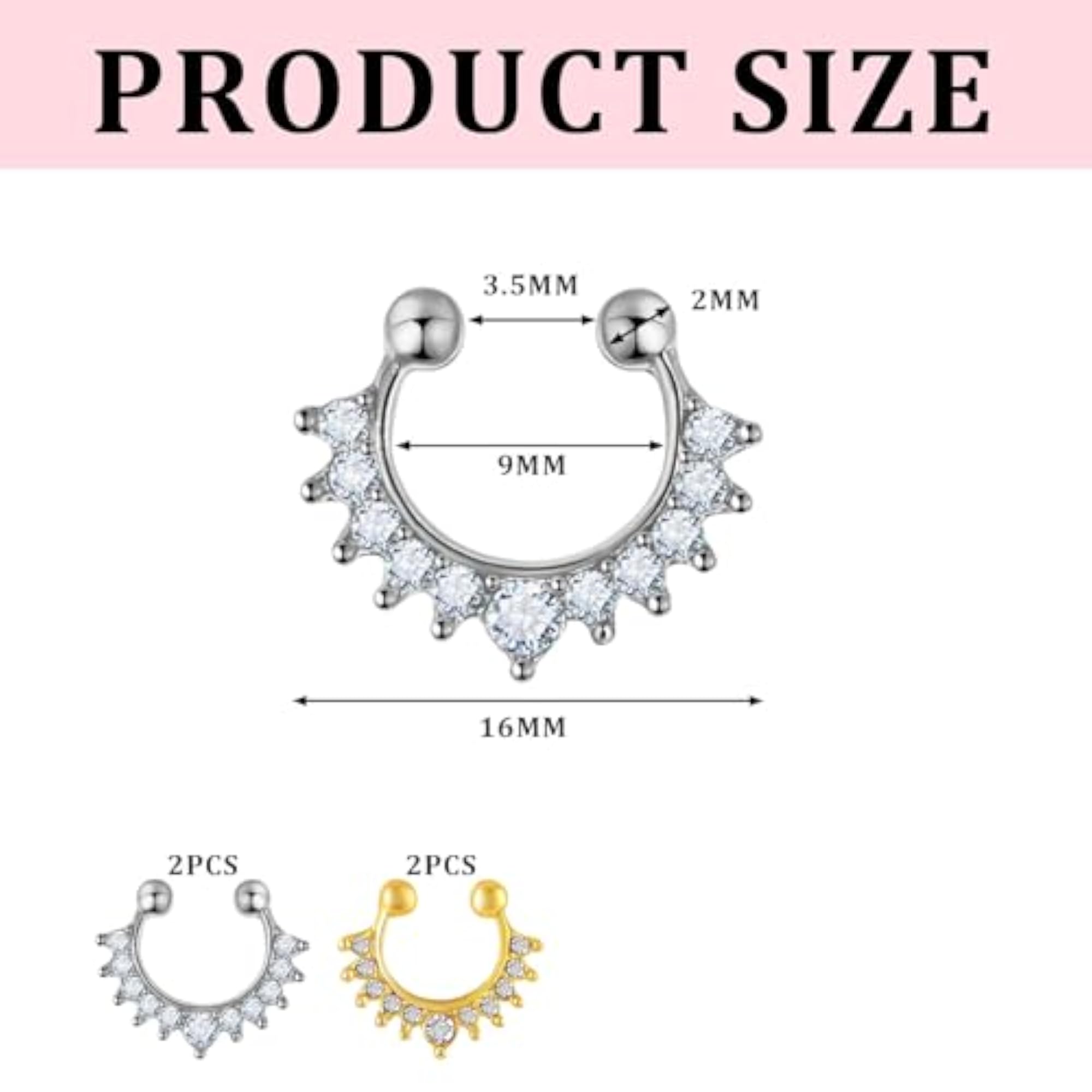 Women's Crystal Studded Non-Piercing Clip-On Septum Nose Ring Set