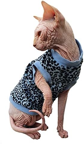 Miniatura 6 de Kotomoda Camiseta elástica de algodón para gato sin pelo, leopardo azul, terciopelo orgánico para gato esfinge (XS