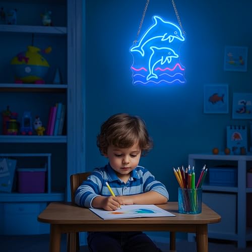 Image of CoolGift Mart Dolphin Neon Sign, Dolphin Lamp Wall Decor, Dimmable Birthday Party Decorations for Home, Patio, Garden, Bars, Restaurants, Hotels, Stores, Clubs, Gift for Friends Family and Kids