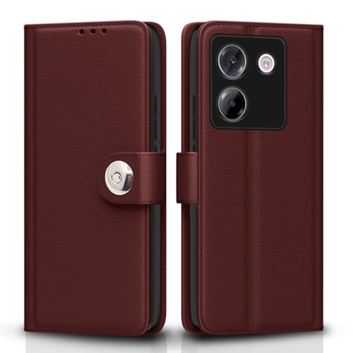 Image of Pikkme Flip Cover Leather Finish | Inside TPU with Card Pockets | Wallet Stand and Shock Proof | Complete Protection Button Flip Case for Poco M7 Pro 5G(Brown)