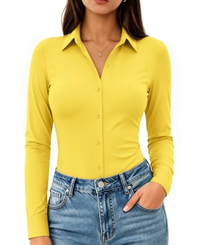 Yellow Shirts for Women Button Down Long Sleeve Collared Formal Work Blouse
