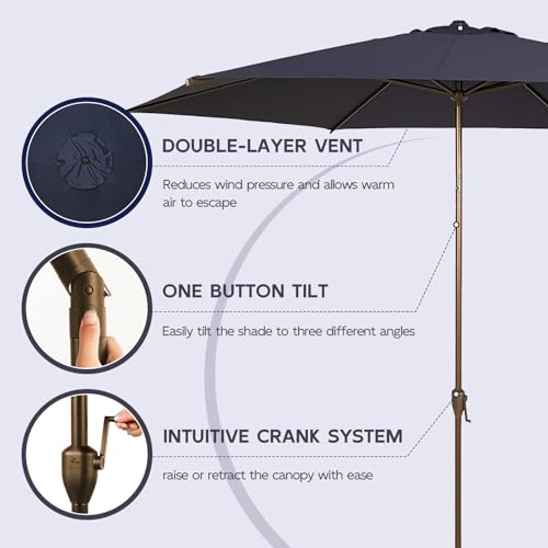 Image of Abba Patio 9FT Outdoor Patio Umbrella Outdoor Table Umbrella with Crank Market Umbrella 6 Sturdy Ribs UV Protection Waterproof and Push Button Tilt for Garden Deck Backyard Pool, Dark Blue