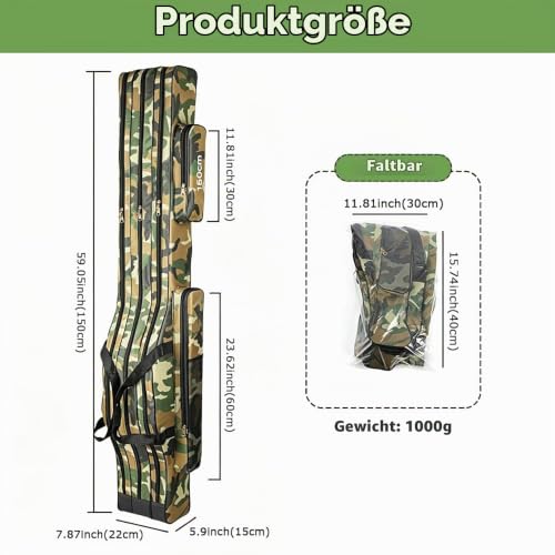 150cm Angeltasche Rutentasche, Angeln Tasche mit 3 Fächern Wasserdicht Falten, Rutenfutteral Angelkoffer Angelrutentaschen mit Tragegurt für Angelrollen Kescher Werkzeug Ruten und Zubehör – Bild 2
