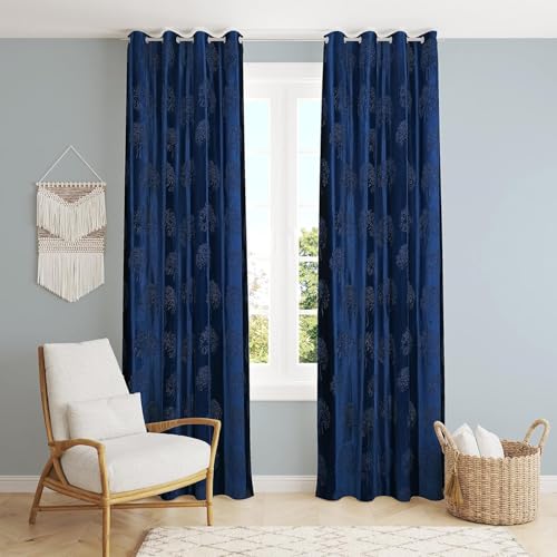 Image of Heavy Quality Punch Tree Curtains 5 Feet Long Set of 1 Pcs | Blue Window Curtains for Living Room, Bedroom | Lightweight 5 Feet Long Drapes for Home Decoration