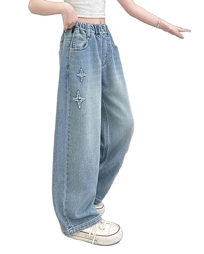 Viatabuna Kids Girls Star Patch Jeans Elastic High Waist Loose Light Wash Wide Leg Denim Pants Cute Baggy Trousers3