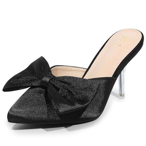 Allegra K Women Satin Pointed Toe Stiletto Heels Mules with Bow