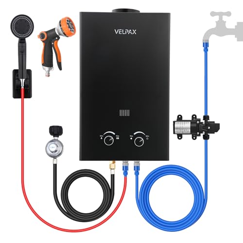 Tankless Water Heater Propane,2.11GPM 8L Outdoor Portable Water Heater,with 2 GPM Water Pump, with Digital Display Multi-Protection for Camping Trips Boat Cabins