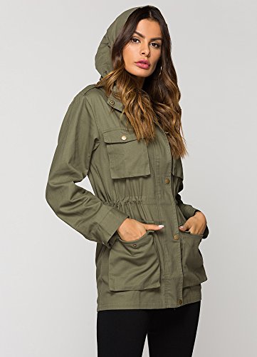 Escalier Women's Anorak Jacket Lightweight Drawstring Hooded Military Parka Coat Army Green - Thumbnail 4