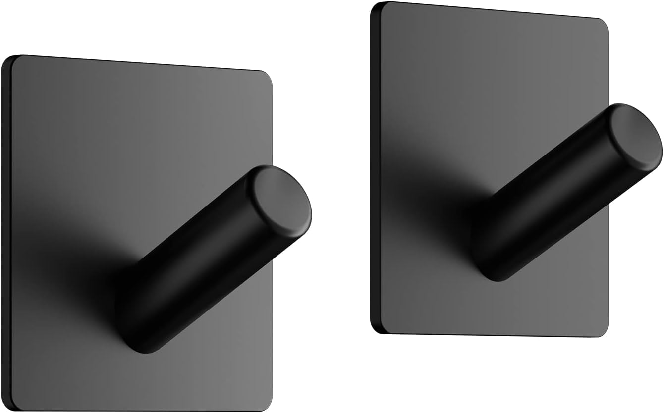 Dripex Black Self Adhesive Hooks - Set Of 2, Stainless Steel - Strong Sticky Hooks For Hanging Towels, Bathroom Towel Hooks, Tea Towel Hooks, Stick On Hooks