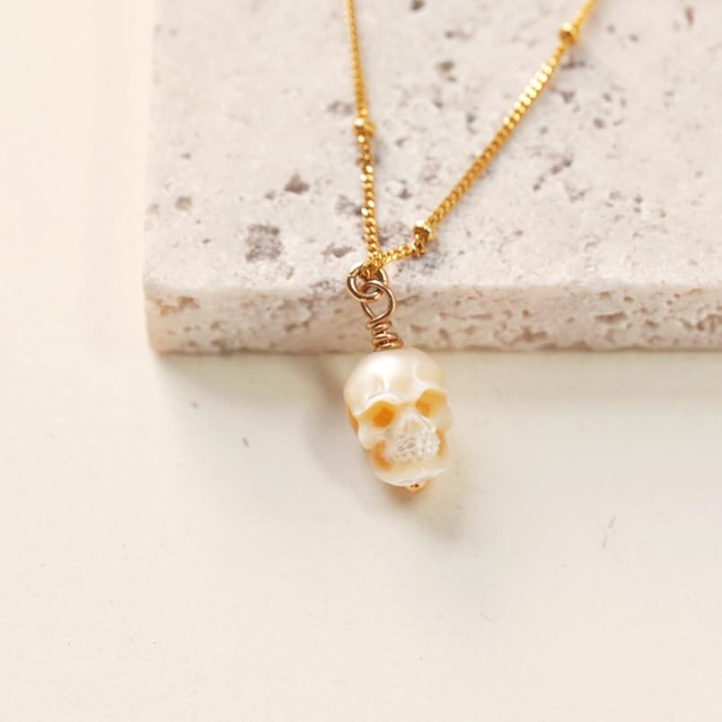 Skull Pearl Necklace – 14K Gold Plated 925 Sterling Silver Skeleton Pendant with 7–8mm Freshwater Pearl, Gothic Jewelry - Image 2