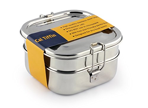 Cal Tiffin Stainless Steel SQUARE Bento Box food container (made in INDIA) 40 oz, 3-compartment - Eco friendly, Dishwasher safe, BPA free