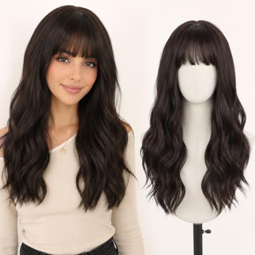 SUKRI Long Wavy Wig with Bangs for Women Dark Brown Curly Wigs Natural Wavy Synthetic Wigs for Daily Party Cosplay 20 Inch (Dark Brown)