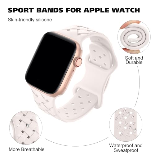 Image of Silicone Braided Weave Bands Compatible with Apple Watch 38mm 40mm 41mm 42mm 44mm 46mm 45mm 49mm, Replacement Sport Breathable Strap for iWatch Series 11 /10 /9 /8 /7 /6 /5 /4 /3 /2 /1 Ultra SE Women Men, Light Blush