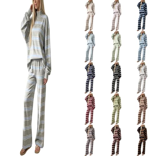 Womens Striped Set 2 Piece Outfits Matching Lounge Pants Set Fall Outfits | Two Piece Sweatsuit Sets For Women Wide Leg Sweatpants Set 2 Piece Oversized Mock Neck Pullover Sweatshirts Loose Fit Pants - image 1