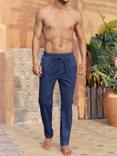 Image of PASLTER Mens Cotton Linen Pants Casual Summer Beach Pants Dress Trousers