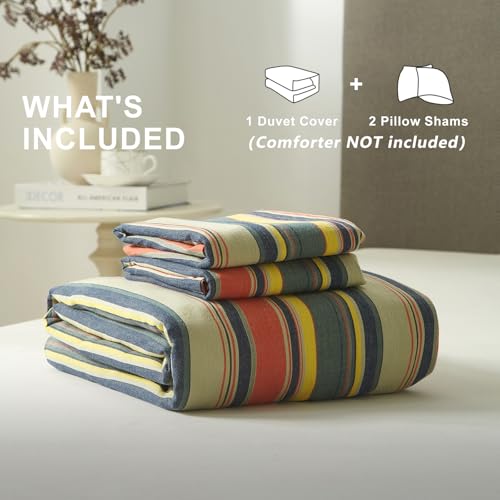 Image of VM VOUGEMARKET Multi-Color Striped Duvet Cover, Full Size | Farmhouse Style, Washed Cotton,Red Green Stripes, 1 Duvet Cover with 2 Pillowcases