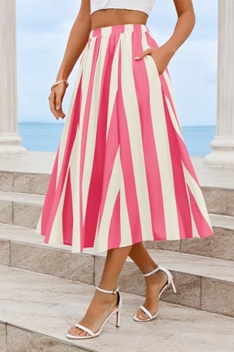 Image of Cicy Bell Womens Summer Striped Maxi Skirts A-Line Beach Vacation Outfits | Elastic Waist, Side Pockets, Flowy, Midi Length, Color Contrast, Trendy Casual