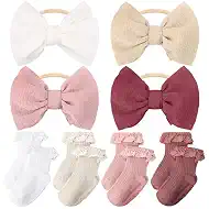 JATEBI Baby Girls Bow Headband Anti Slip Socks Set | Super Elastic Soft Cute Bow Design Suitable For Newborn Infant Toddlers Daily Matching Outfit Photography Party Accessory