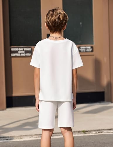 Image of Arshiner Boys Drop Shoulder T-Shirt & Drawstring Waist Shorts Summer Casual Outfits (5-12 Years)