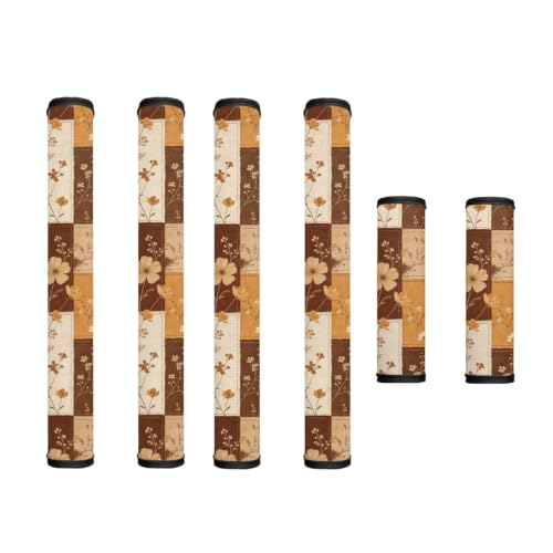 Image of Fridge Door Handle Covers Set of 6 Kitchen Appliance Decor Handles Glove Anti-Slip Protectors Washable Fabric Refrigerator Decor Accessories, Autumn Floral Patchwork Print Beige Brown