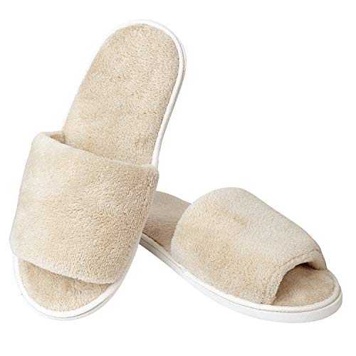 5 Pairs Beige Disposable Slippers, Velvet Open Toe Spa Slippers for Women and Men, Non-Slip Slippers for Hotel, Guests, Travel