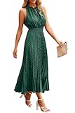 QUNERY Vestidos Verano Mujer Sin Mangas Vestido Largo Cuello en V Elegante Dress Volante de Lunares Suizos Elástica Cintura Alta Casual Verde S