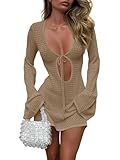 Saodimallsu Womens Crochet Swimsuit Cover Up Long Bell Sleeve V Neck Tie Mesh Knit Summer Beach Dress Vacation Outfits Dark Khaki