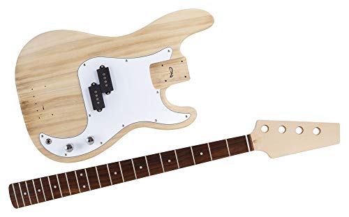 Rocktile E-Bass Bausatz PB-Style - DIY E-Bass Komplettbausatz inklusive Elektronik - Paulownia Korpus - Ahorn Hals - Palisander Griffbrett - Split-Coil Pickup - Natur