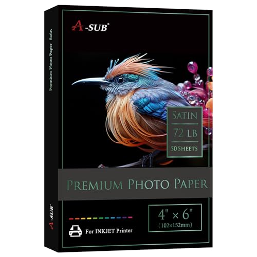 A-SUB Premium Photo Paper Satin 4x6 72lb for Inkjet Printers 50 Sheets, Single Sided