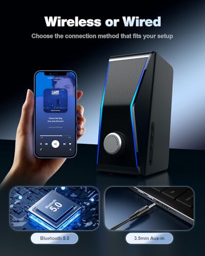 Image of Nylavee Computer Speakers, Hi-Fi Stereo Sound PC Speakers with Bluetooth 5.0 and 3.5mm AUX-in, 14W AC Powered, Built-in Equalizer Modes and RGB Lights for Desktop PC, Monitor, Laptop, PS5, Xbox