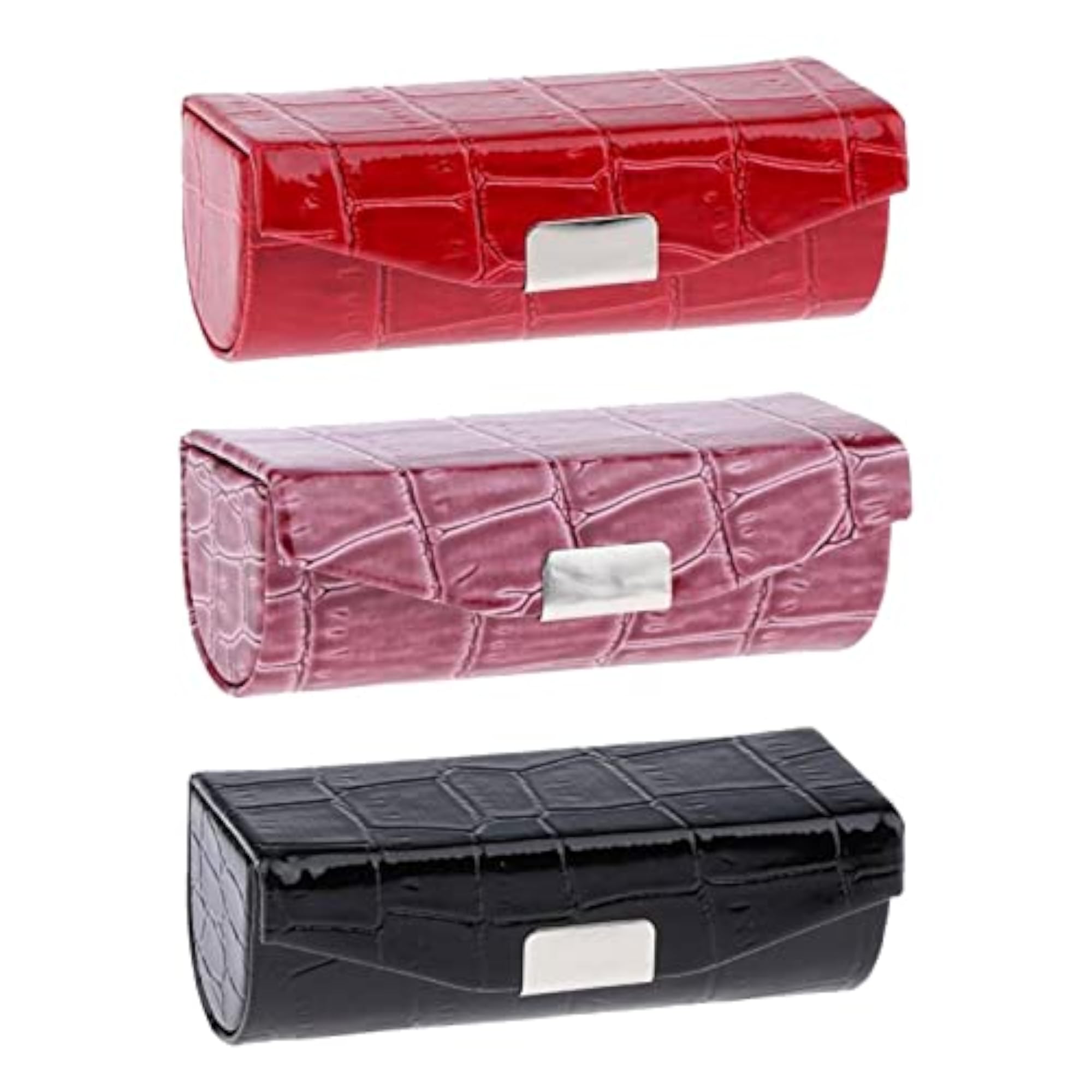 3X PU Leather Lipstick Case Holder, Dark Brown, Black, Red