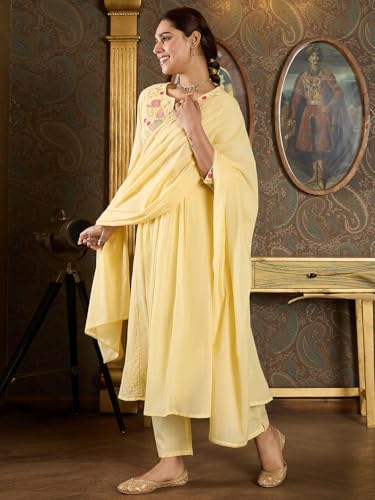 Image of INDO ERA Women's Pure Cotton Embroidered A-Line Kurta & Pant with Dupatta Set | Cotton kurta sets for women
