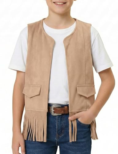 Image of Spring&Gege Boys Western Faux Suede Fringe Vest Sleeveless Cowboy Tassel Waistcoat Vintage Jacket Cardigan 5-14 Years