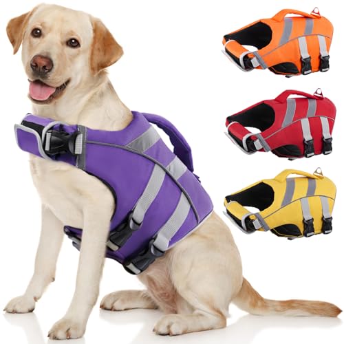Kuoser Dog Life Jacket with Reflective Stripes - Adjustable High Visibility Vest, Ripstop Lifesaver, Pet Preserver with High Flotation Swimsuit for Small, Medium and Large Dogs by Kuoser - Used condition - CA$39.28