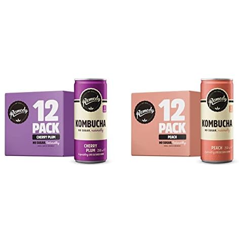 Remedy Raw Peach Kombucha Tea - Sparkling Live Cultured Drink - Sugar Free Peach & Cherry Plum - 24-Pack, 250ml Can Cover