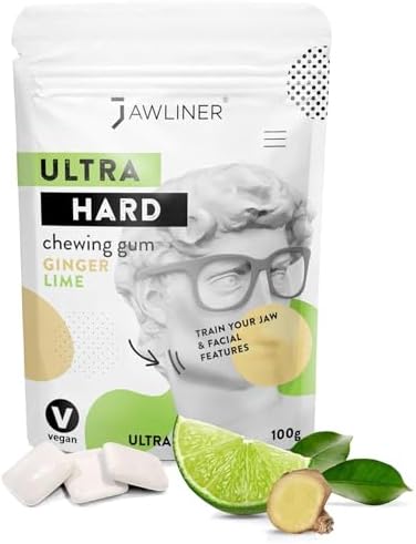 JAWLINER® Jawline Gum - Hard Chewing Gum for Jawline Exercise - 2-Month Pack - Jaw Gum for a Chiseled Jawline, Facial Fitness Chewing Gum, 10 X Stronger Gum (1 count (Pack of 1), Ginger Lime)
