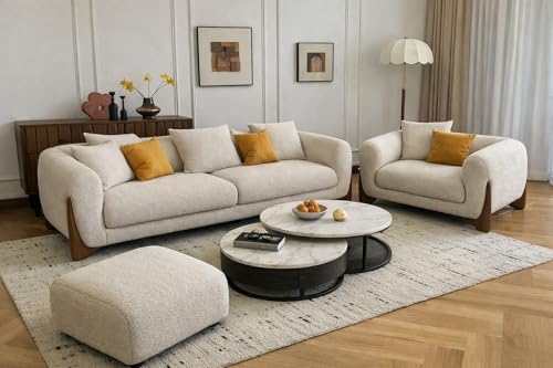 Image of Upholstered 3 Seater Sofa Three Seater Sofa with Wooden Legs for Living Room Hotels & Offices (3+1+Puffy Boucle Beige)