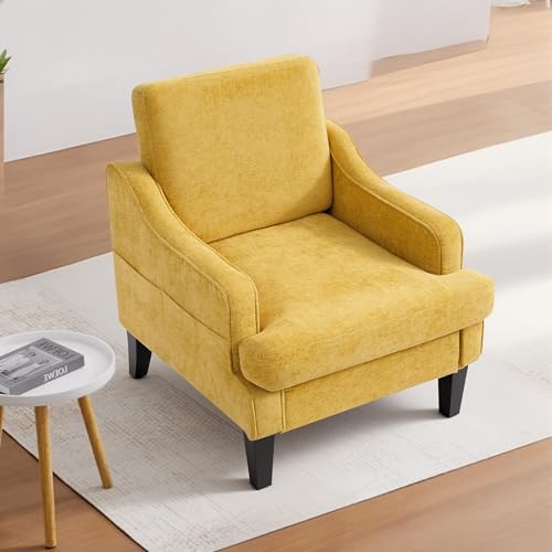 Image of Accent Chair for Living Room,Mid-Century Arm Chair Chenille Fabric Living Room Chairs,Upholstered Reading Chair for Bedroom,Single Sofa Chair with Wood Legs for Apartment (Yellow)